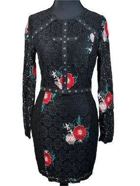 Boohoo Night Black Lace Studded Floral Embroidered Bodycon Mini Dress 4